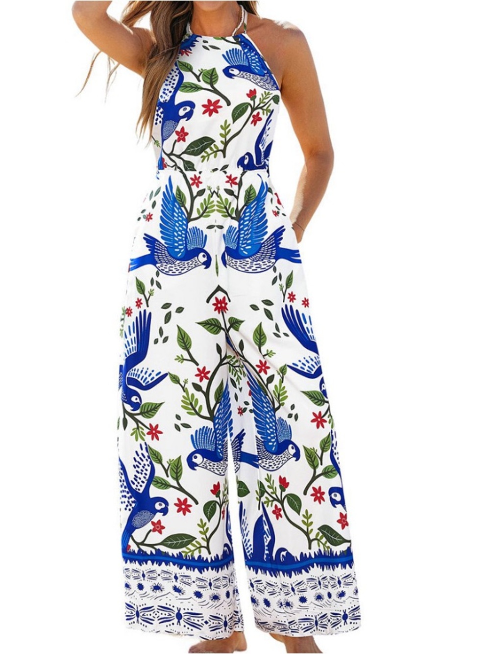 Cupshe White Halter Jumpsuit with Blue Bird Print
